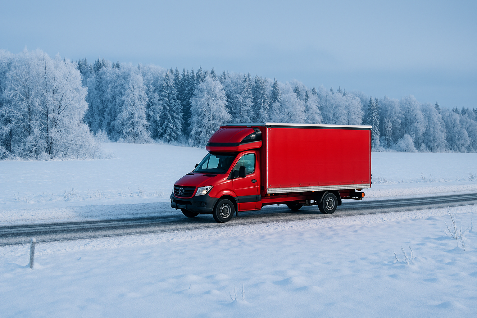 Lastebil som kjører i vinterlandskap